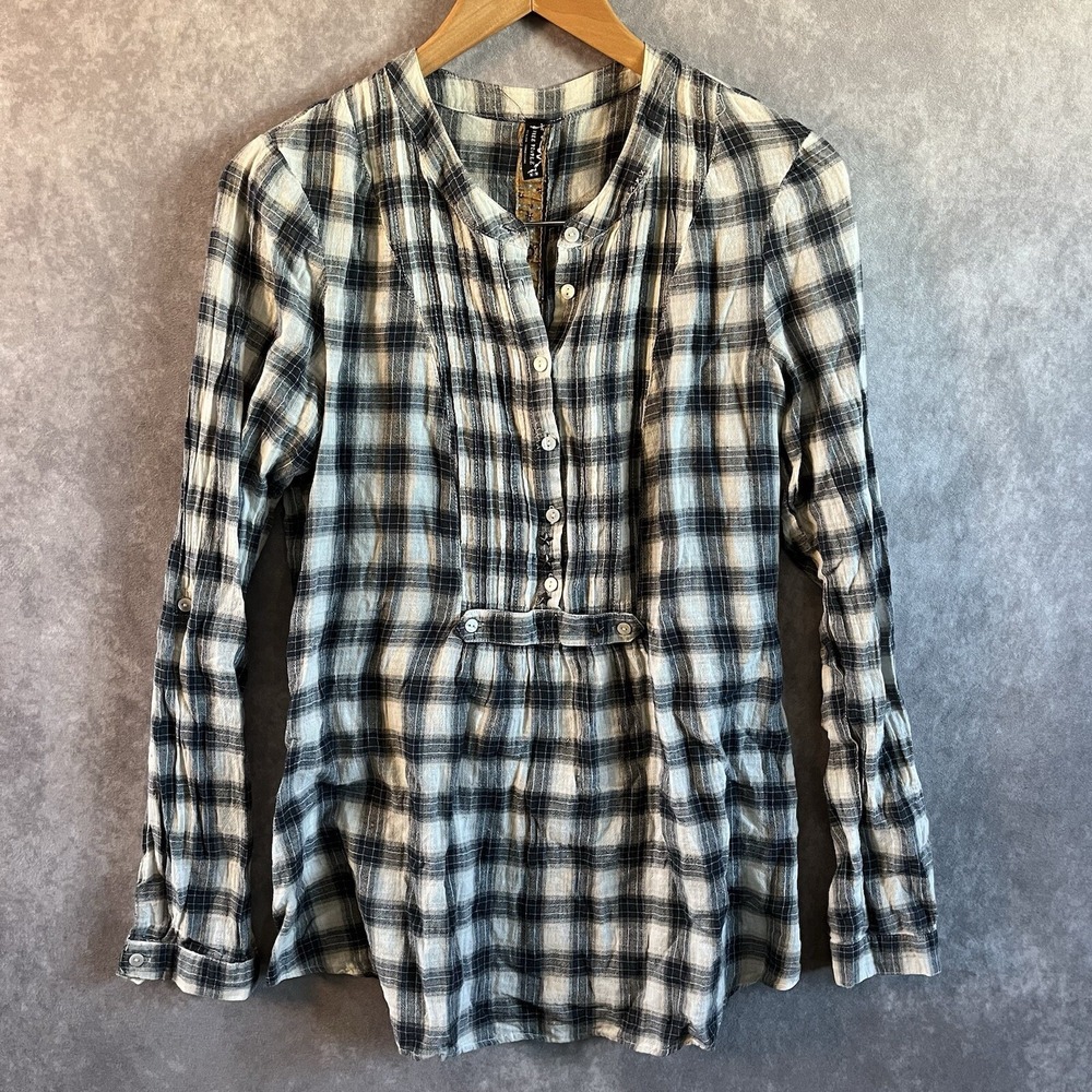 Free People Plaid Tunic Women Medium Black White Pintuck Button Back Henley